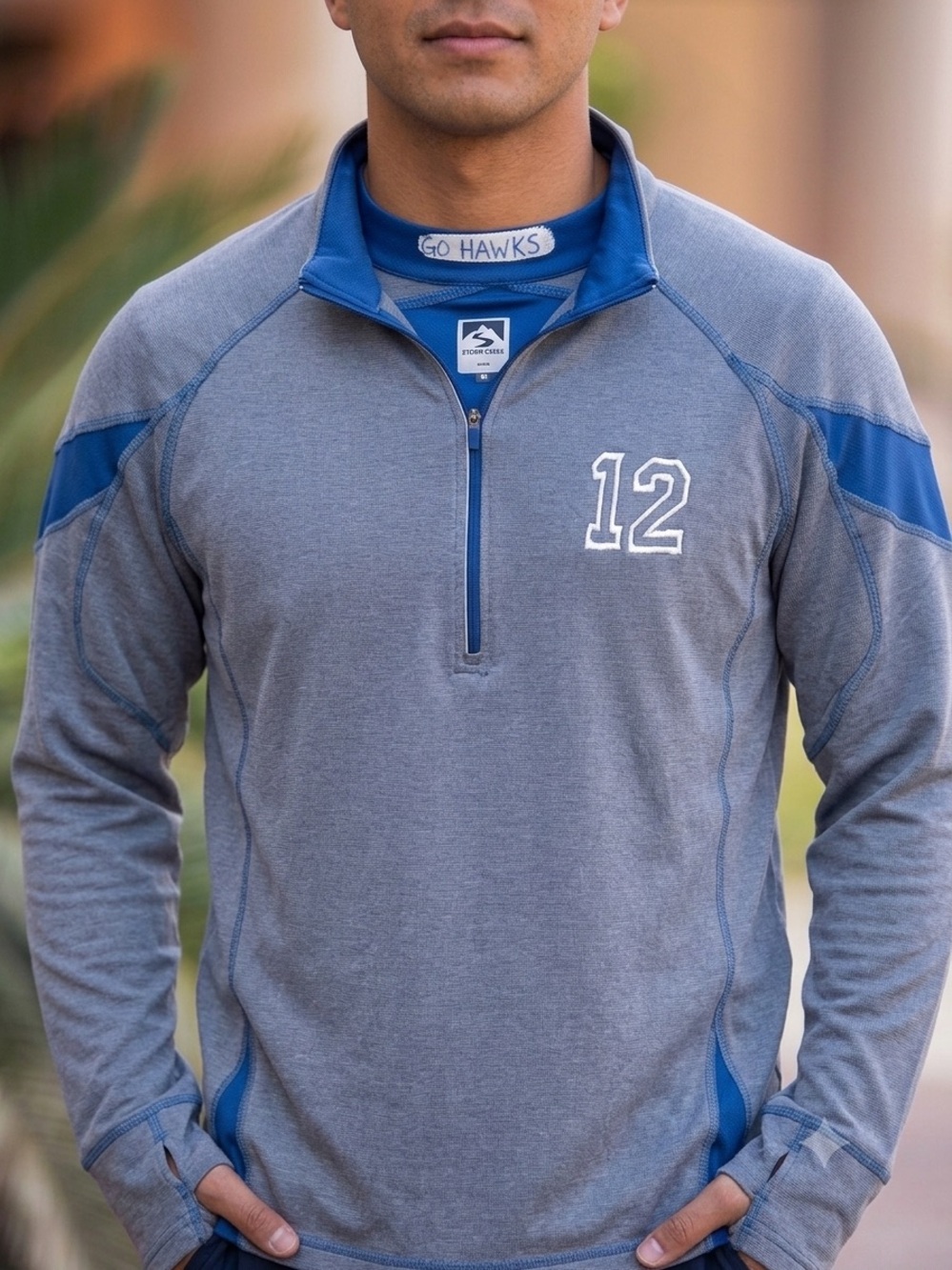 Storm Creek “Go Hawks” Men's Gray & Blue Half-Zip Athletic Jacket Size XL